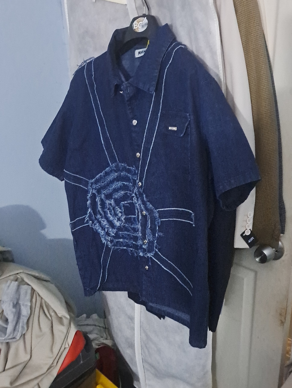 Men's Navy Short-Sleeve Button-Down Shirt with Distressed Stitch Detail